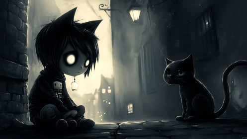 Cat-eared figure and cat sit in dimly lit foggy alleyway