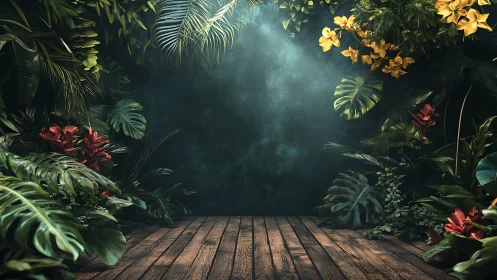 Lush jungle stage invites calm moments in soft dappled light