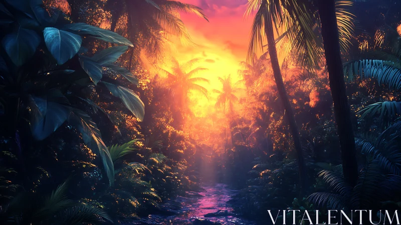 Luminous tropical jungle sunset ignites a hidden river path.