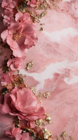 Pink floral relief contrasts with veined marble and metallic leaf