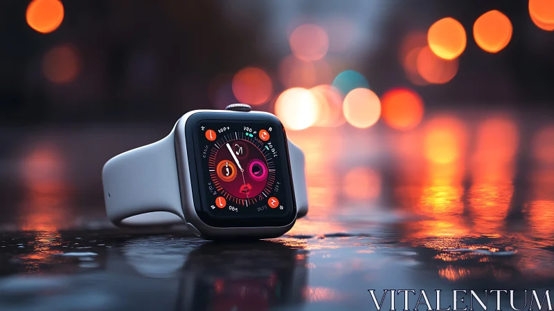 Smartwatch on wet reflective surface with urban bokeh lights.