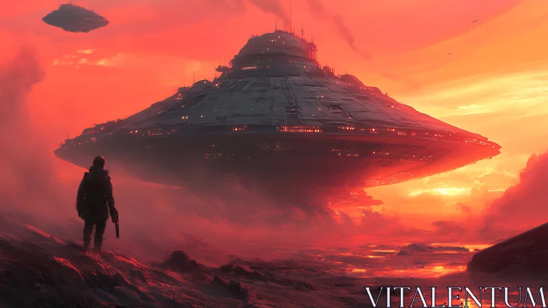 Colossal disk starship over volcanic plain at sunset glow