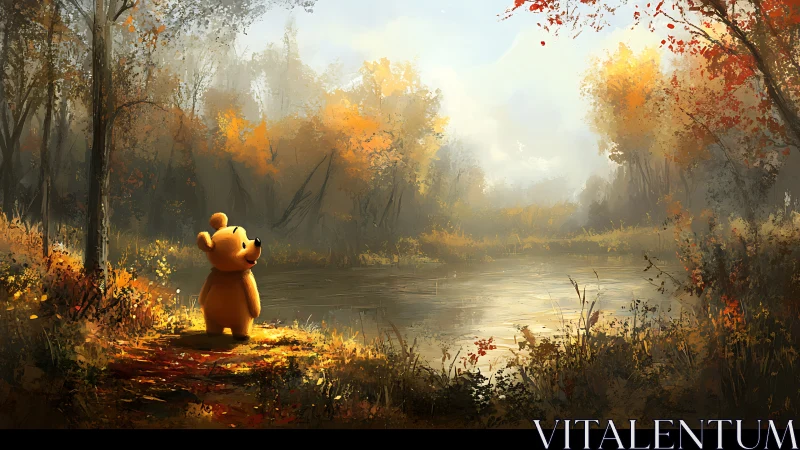 Small bear observes misty autumn river in warm light