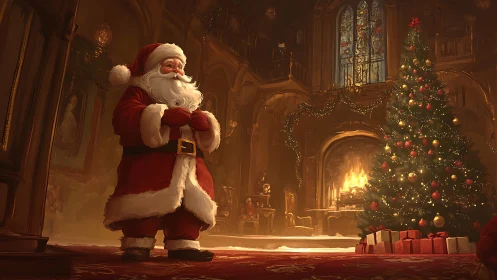 Santa pauses by the glowing tree in a golden holiday hall.