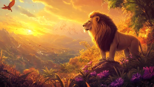 Majestic lion overlooks glowing sunset valley landscape.