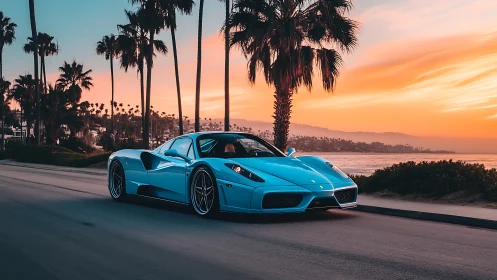 Cerulean supercar under coastal palms at chromatic sunset.