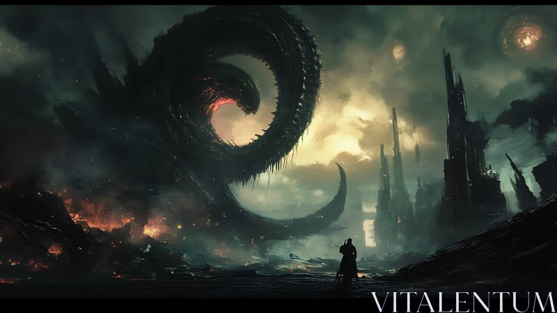 Lone figure confronts colossal void serpent over ruined city