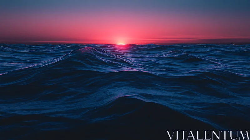 Neon horizon illuminates stylized ocean waves at dusk