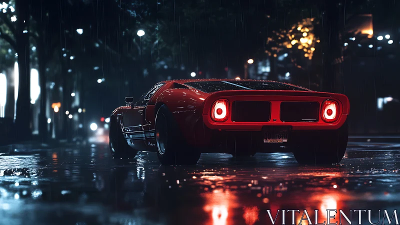 Red sports car sits on wet city street under night rain