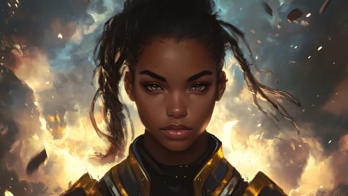Female warrior portrait stands before dynamic fiery blast
