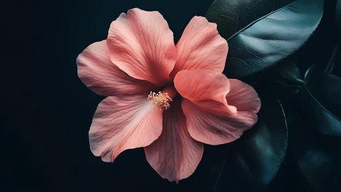 Hibiscus flower with pink petals against dark background.