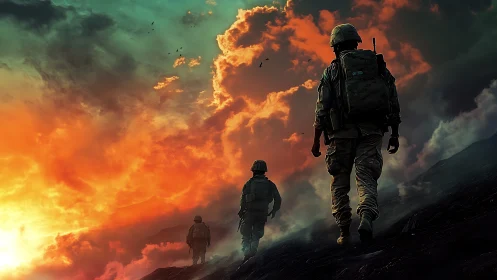 Soldiers walking toward vivid burning sky at dusk.