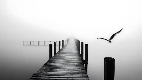 Wooden pier extends into dense fog as lone gull flies