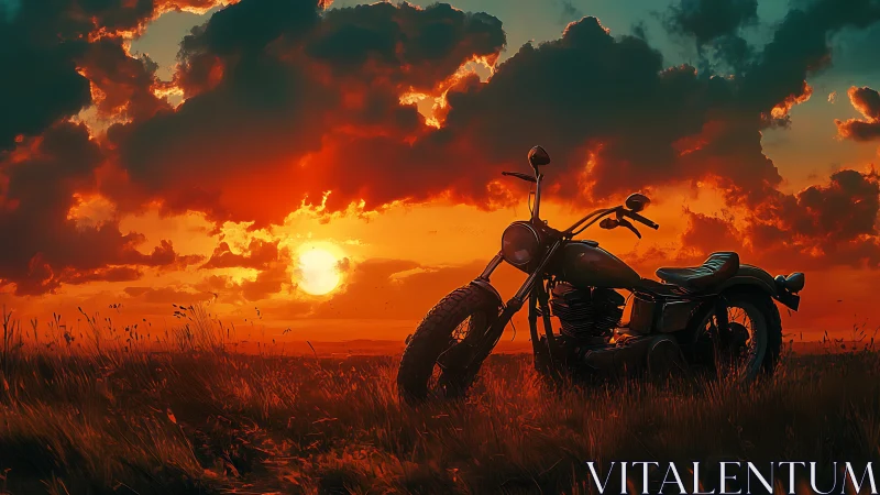 Silhouetted cruiser motorcycle in fiery prairie sunset sky