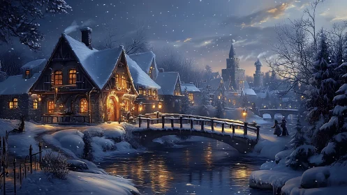 Snow-laden village river scene uses warm-cool contrast and depth cues