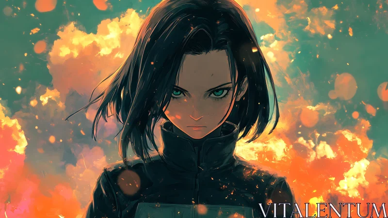 Storm-eyed warrior rises through ember-splashed twilight blaze.