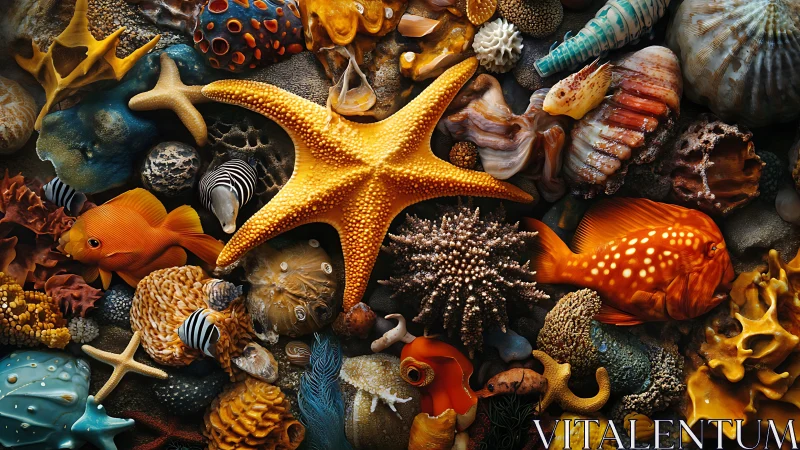 Starfish and tropical reef species arranged in dense layout