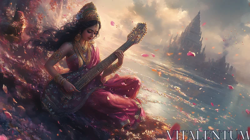 Riverborn goddess strums twilight ragas in rose-gold storm.
