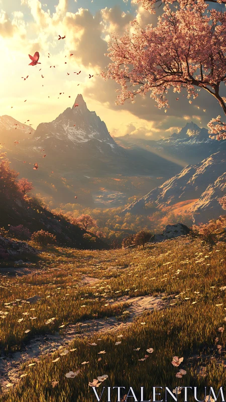 Sunlit alpine valley with sakura bloom and drifting petals.
