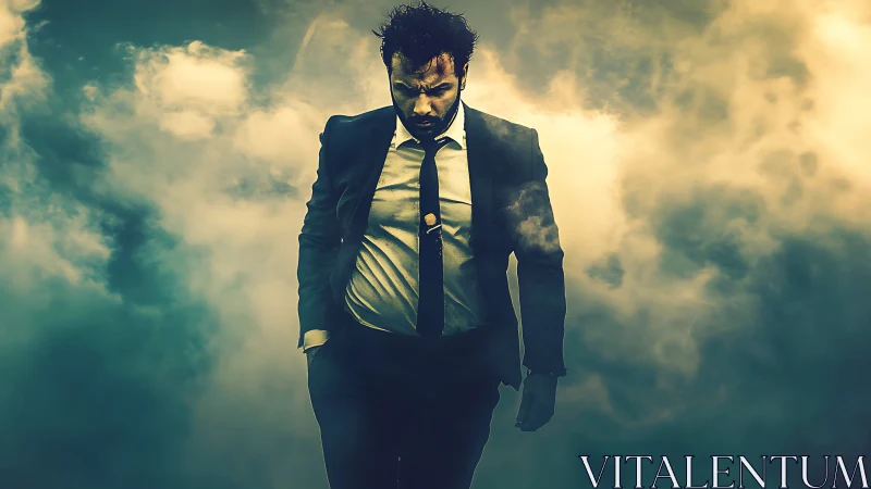 Defeated businessman walks through dense golden smoke