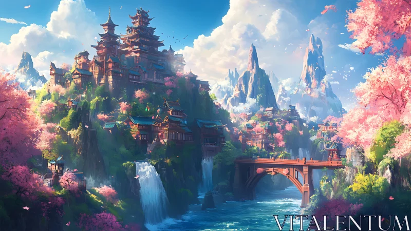 Vertical pagoda megastructure amid waterfalls and sakura bloom.