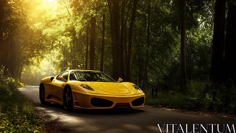 Yellow sports coupe glides through sunlit forest roadway