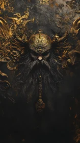 Ancient gold warlord emerges from shadowed mythic darkness