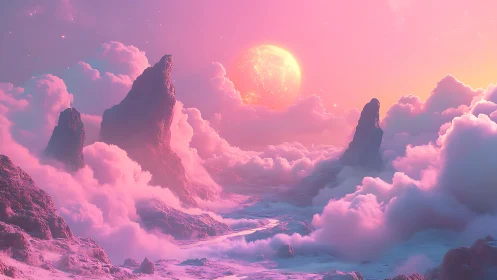 Dreamy cotton-candy cliffs under a glowing pastel moon.