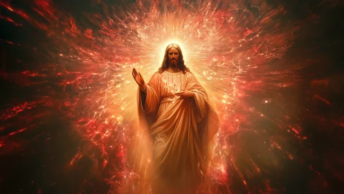 Religious figure stands in radiant, fiery cosmic light burst
