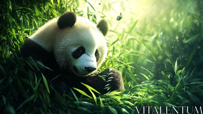 Digital panda portrait in glowing bamboo forest light.