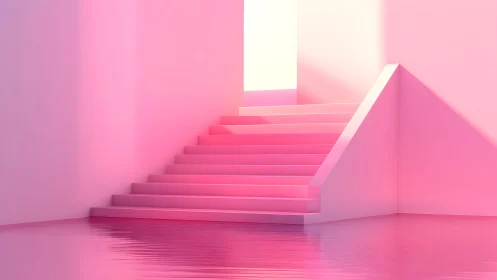 Minimalist Pink Staircase with Reflective Floor in Soft Light.