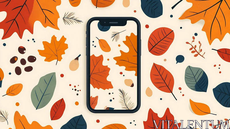 Autumn leaves pattern framing smartphone screen illustration.