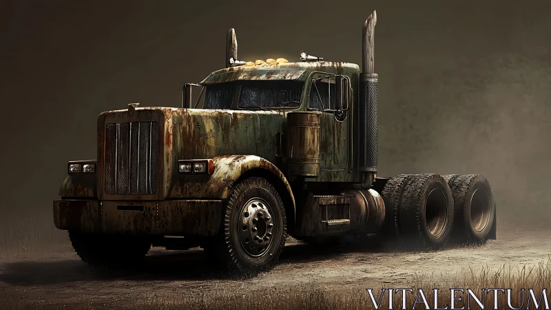 Heavily weathered diesel semi-truck cab in cinematic side light