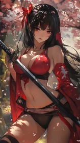 Scarlet blade maiden beneath drifting cherry blossoms.