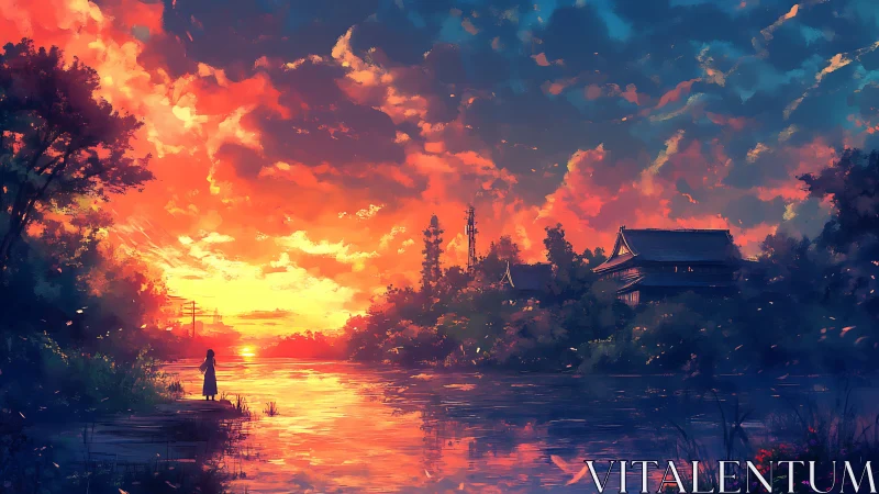 Sunset river with distant houses and solitary figure.