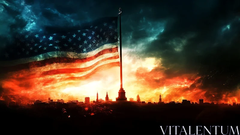 Stormlit American banner over burning city skyline horizon.
