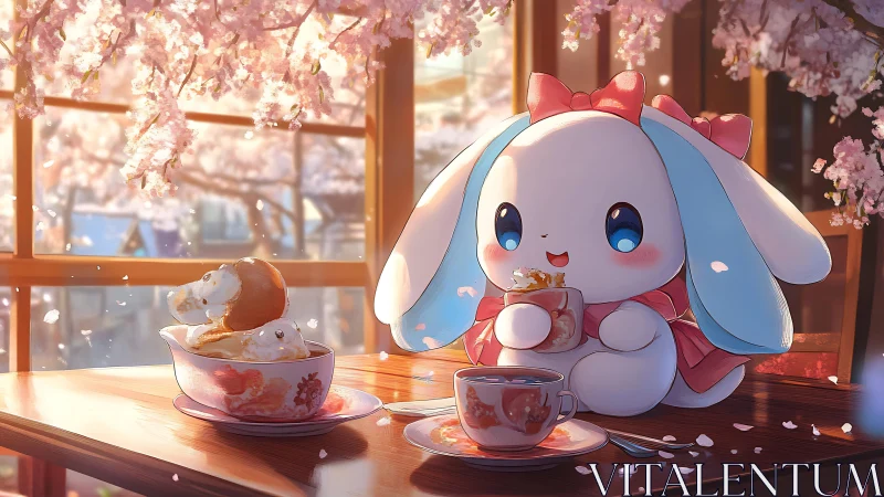 Blossom café bunny savoring cocoa under drifting petals.