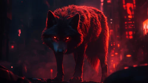 Cybernetic red-lit wolf in dark urban environment.