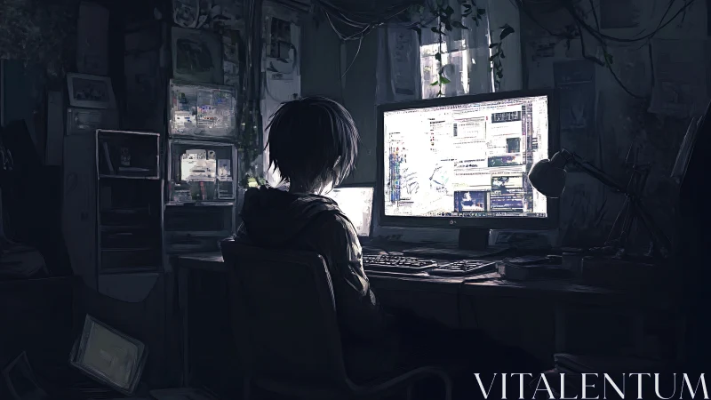 Solitary coder immersed in glowing multi-monitor workstation.