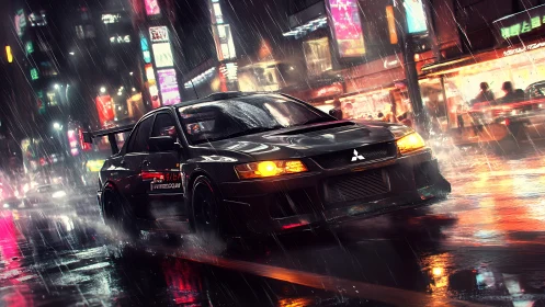 Rain-slicked street racer executing neon-lit urban drift.