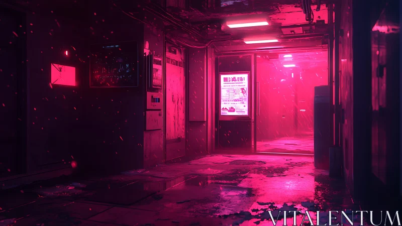 Neon alleyway glows softly in the rainwashed night air