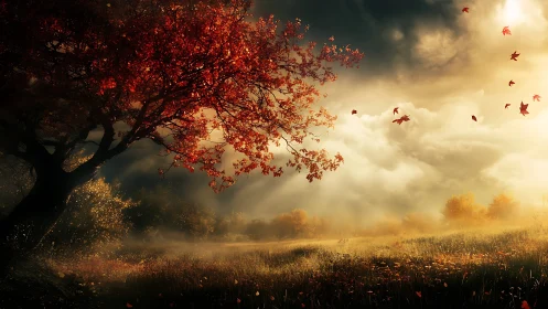 Autumn canopy and volumetric light over misted meadow field.