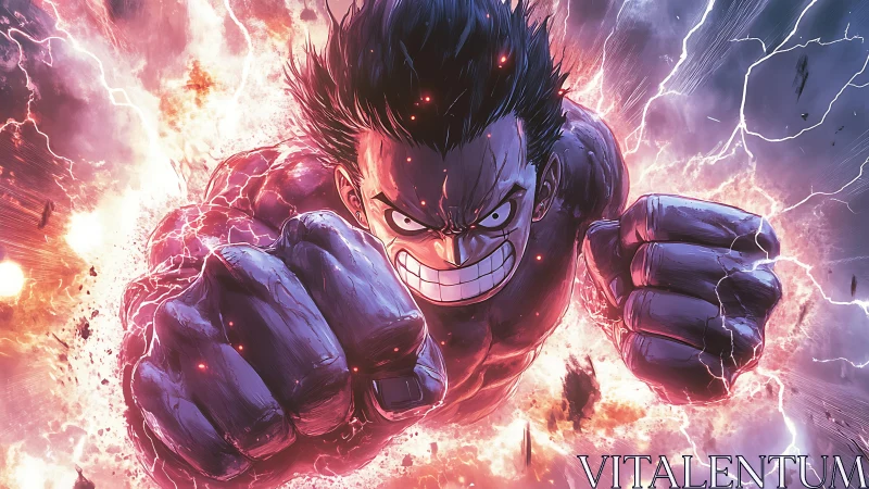 Dynamic anime brawler in electrified frontal action composition.