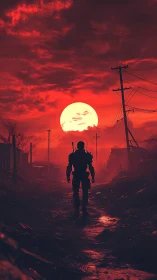 Solitary armored figure under red sky at low sun position.