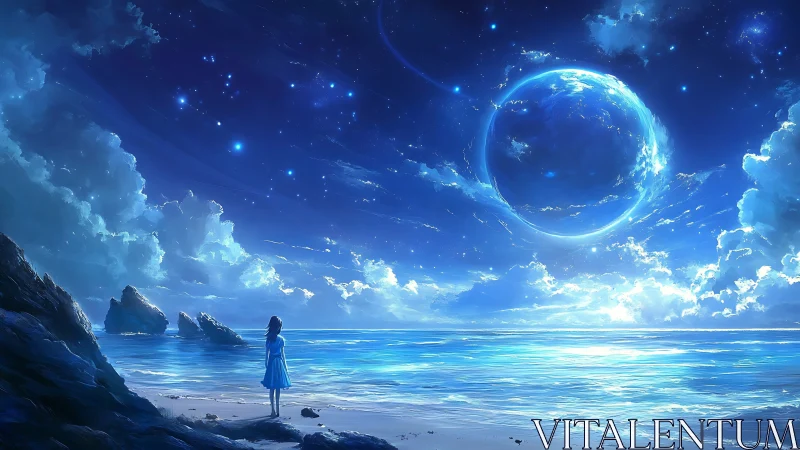 Stargazing shoreline girl beneath a luminous ocean moon.