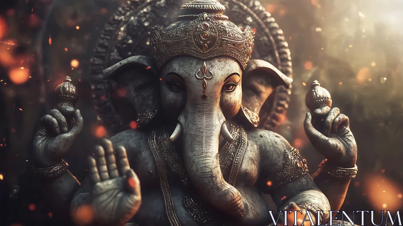 Divine Ganesha sculpture bathed in warm glowing light.