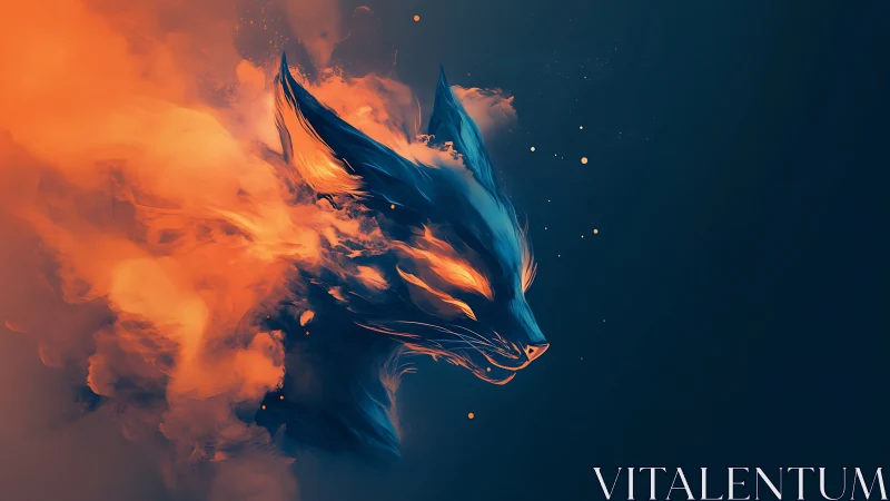 Fox of molten dusk drifts from smoke into electric night