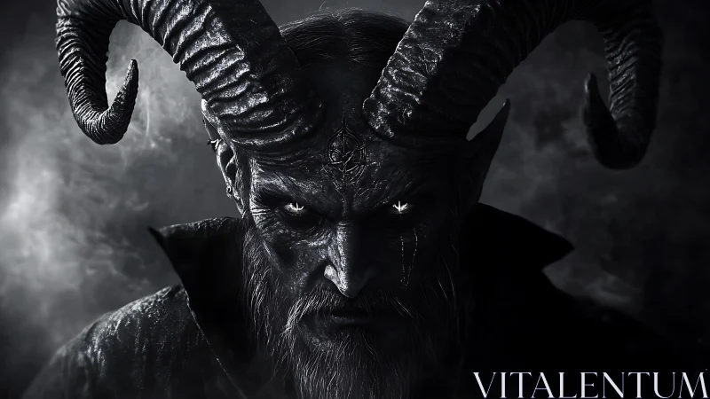 Horned demonic figure stares forward in high contrast lighting