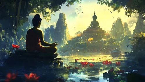 Two silent Buddhas trade light across a lotus-dusted river
