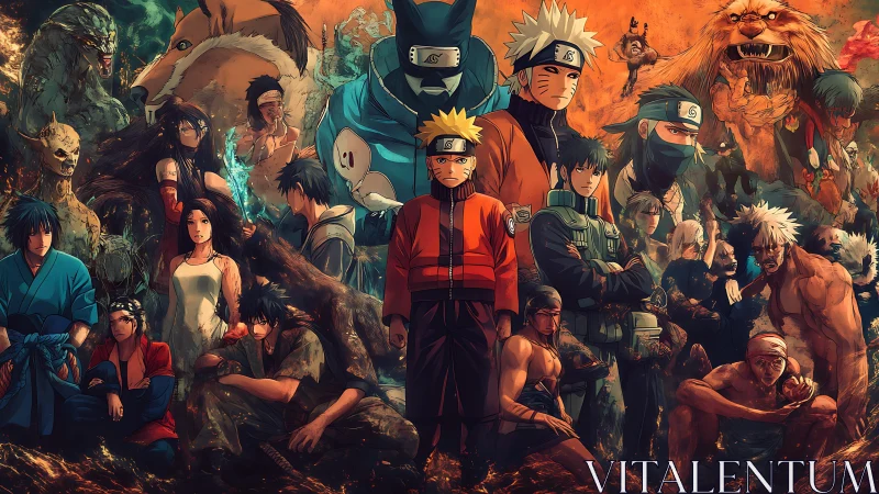 High-contrast ensemble of cel-shaded warriors in layered battle tableau